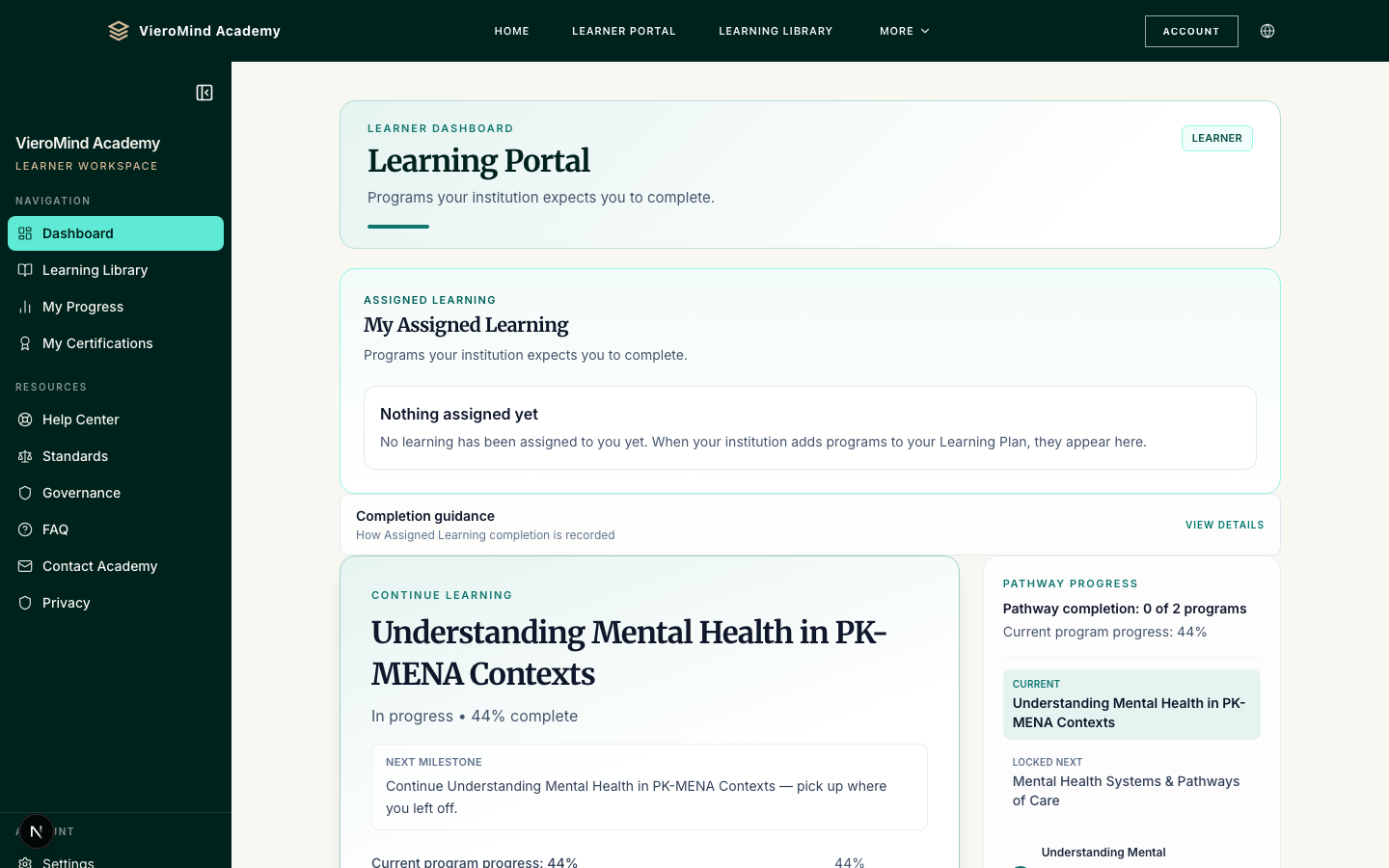 Learner portal dashboard with programmes and progress