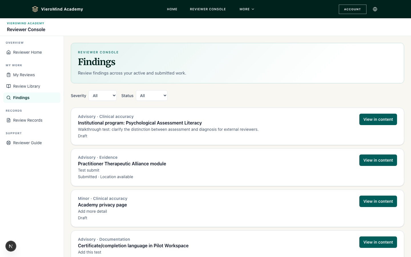 Findings view summarizing review observations